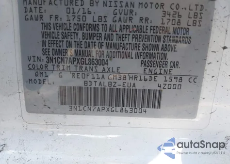 2016 Nissan Versa 1.6 S/1.6 S+/1.6 Sl/1.6 Sv from USA, damaged, VIN 3N1CN7APXGL863004